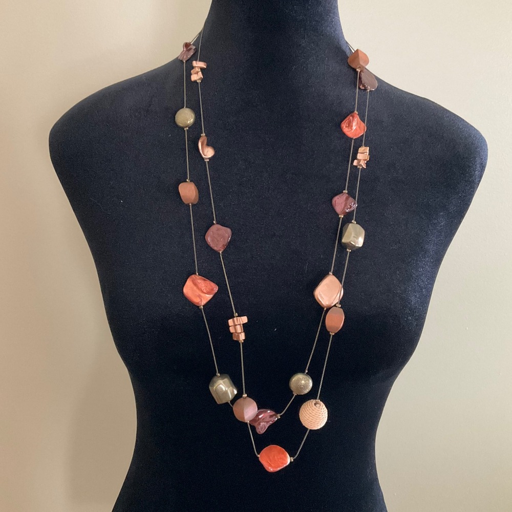 Boho Double Strand Beaded Necklace Bronze Copper Earth Tones Layered Statement